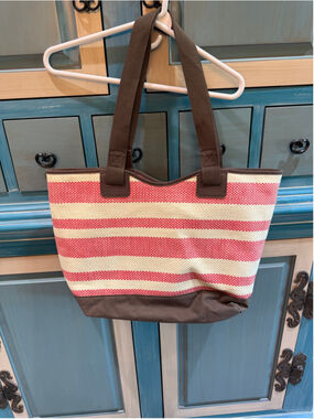 Women's Unbranded Red Beige Striped Canvas Tote Bag One Size